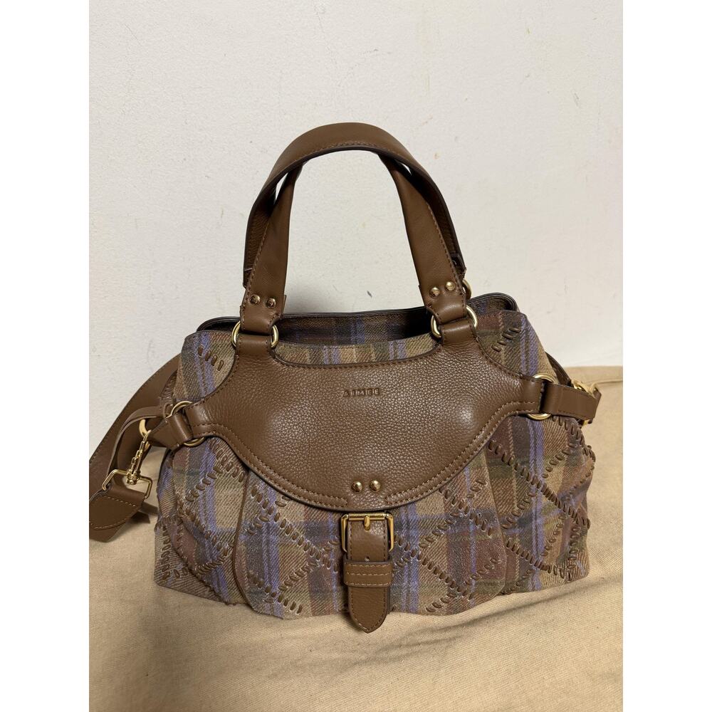 Aimee Satchel Bag Womens Medium Brown Leather Tweed Plaid Top Handle Crossbody - Picture 4 of 14